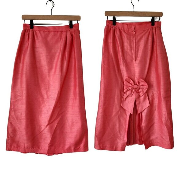 Vintage Dresses & Skirts - VTG Handmade Coral Pink Silk Midi Skirt Bow Bustle Detail Formal Evening Size S